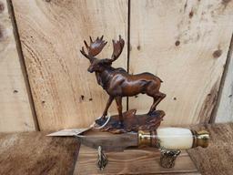 Fixed Blade Bone Handle Knife With Moose Sculpture