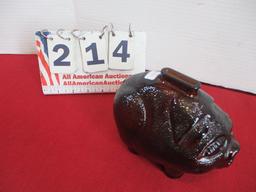 Anchor Hocking Smiling Pig Textured Amber Glass Coin Bank