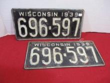 1939 Wisconsin License Plate Matched Pair