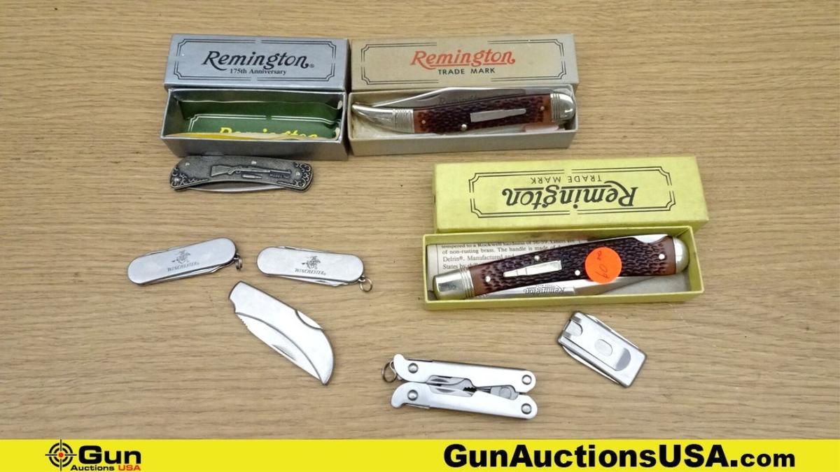 Remington, Winchester Knives. Excellent. Lot of 8; 3- Remington Folding Knives and 5 Winchester Fold