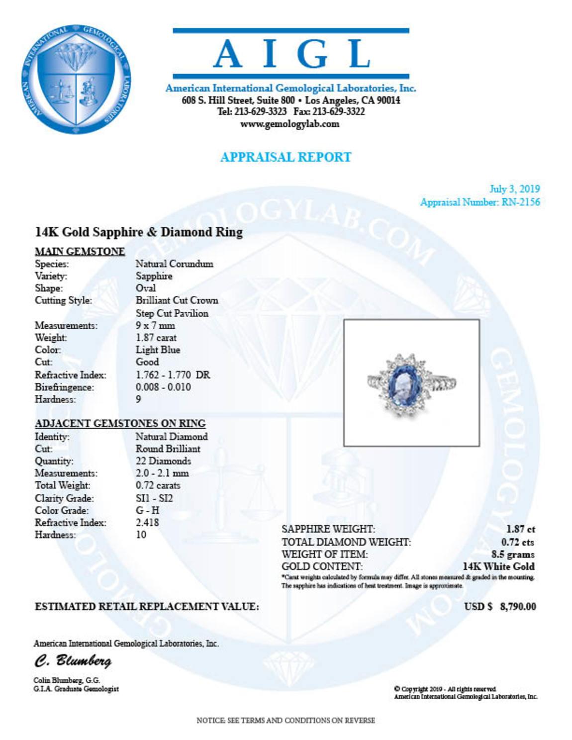 14K White Gold 1.87ct Sapphire and 0.72ct Diamond Ring