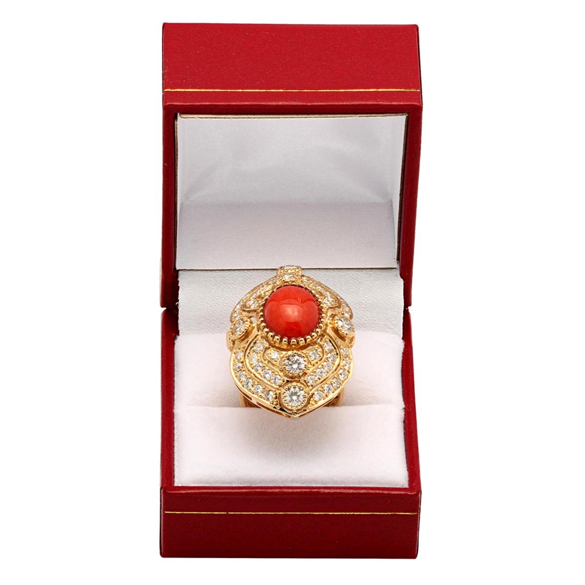 14k Yellow Gold 5.10ct Coral 1.59ct Diamond Ring