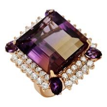 14k Rose Gold 28.30ct Ametrine 0.80ct Amethyst 2.14ct Diamond Ring