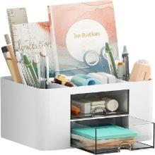 Marbrasse Pen Organizer with 2 Drawer, 5 Compartments + Drawer, (White), Retail $15.00