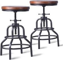 LOKKHAN  Industrial Rustic Swivel Bar Stool-Round, Wood/Metal, 20-27", (Set of 2), Retail $150.00