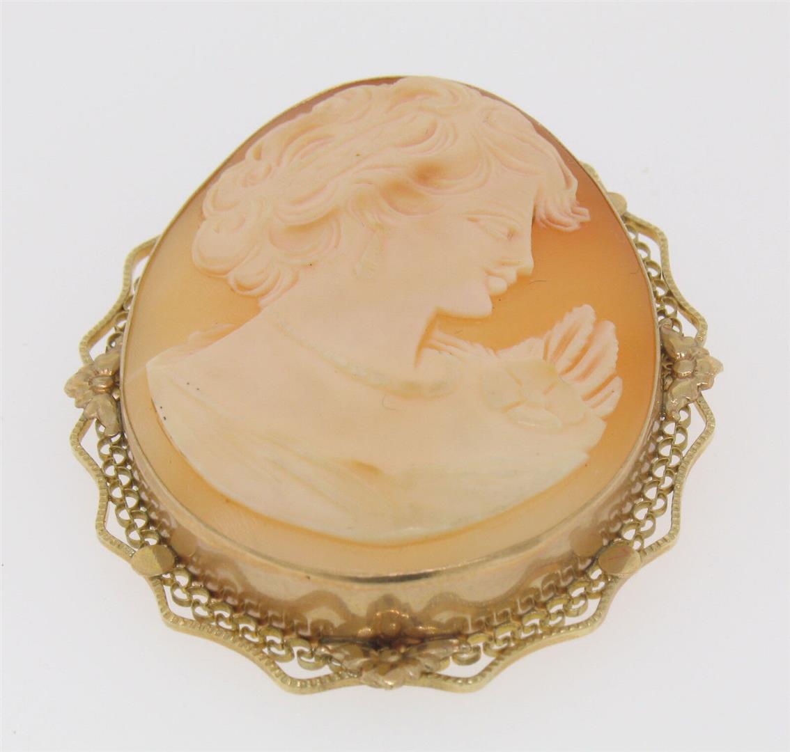 Vintage 14K Rose Gold Large Carved Shell Cameo Wavy Filigree Open Work Frame