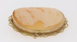 Vintage 14K Rose Gold Large Carved Shell Cameo Wavy Filigree Open Work Frame