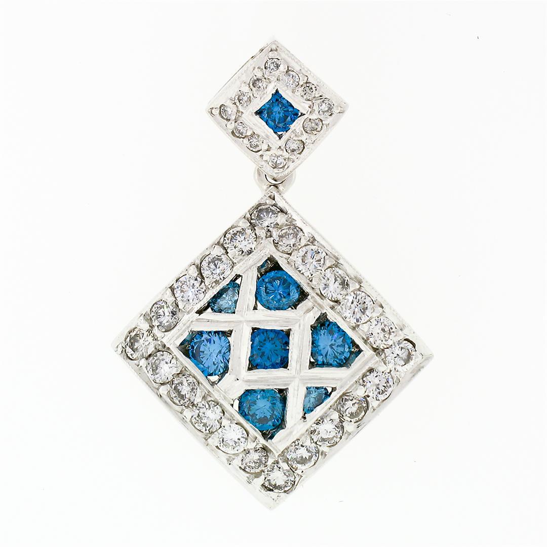 14k White Gold 1.42 ctw Blue & White Diamond Geometric Dual Square Dangle Pendan