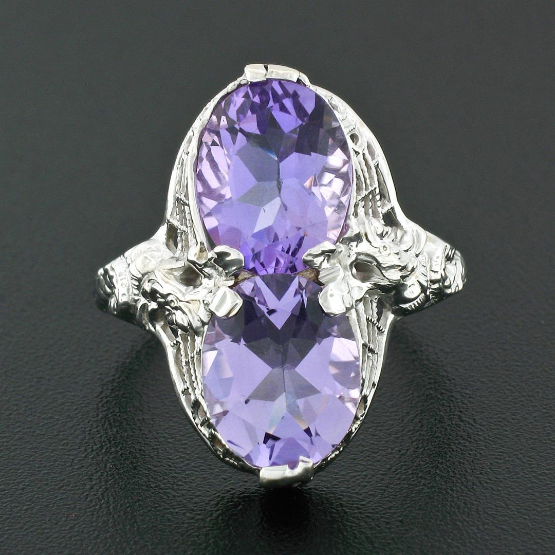 Antique Art Deco 14k White Gold Dual Purple Amethyst Etched Filigree Bypass Ring