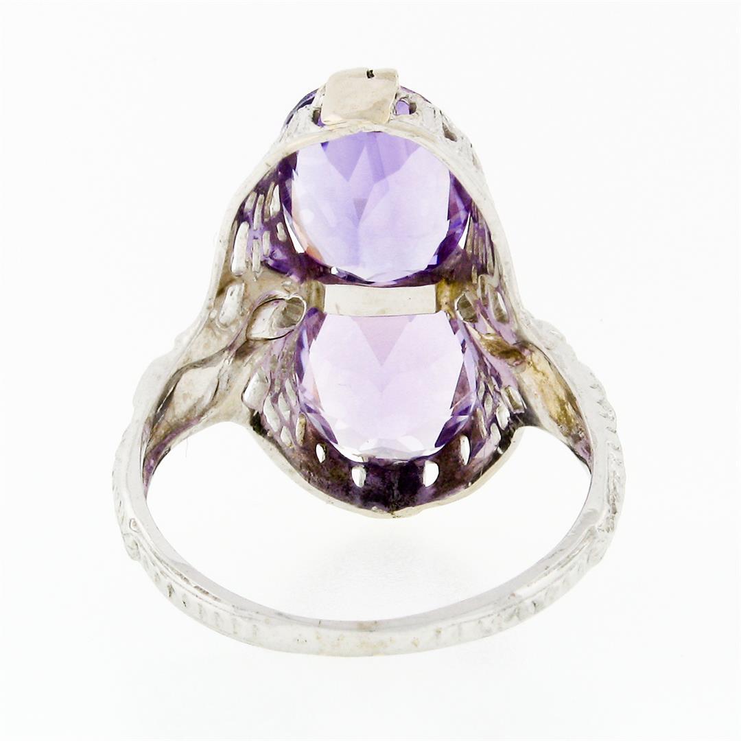 Antique Art Deco 14k White Gold Dual Purple Amethyst Etched Filigree Bypass Ring