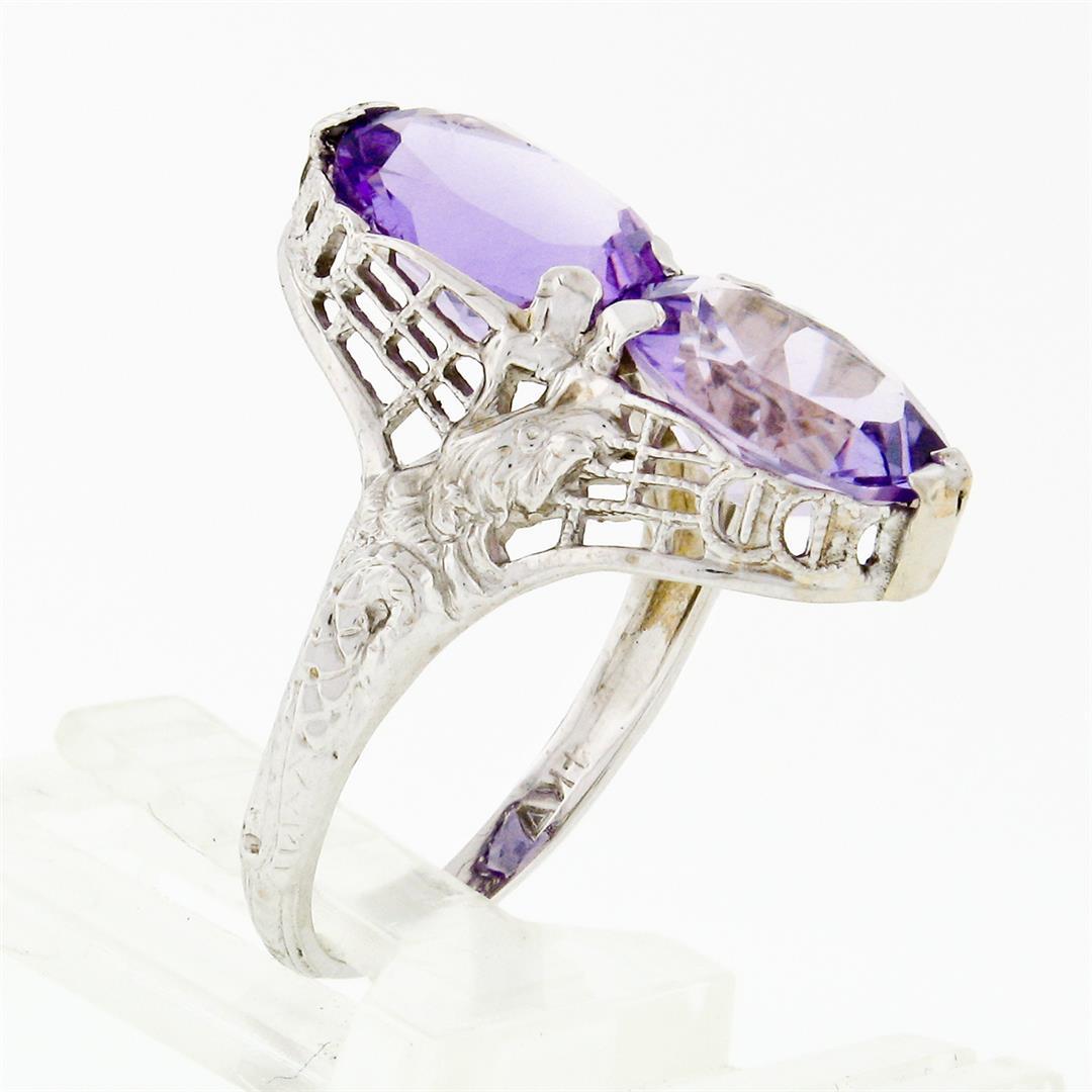 Antique Art Deco 14k White Gold Dual Purple Amethyst Etched Filigree Bypass Ring