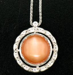 18k White Gold 7.59 ctw Peach Orange Bezel NATURAL Moonstone Diamond Halo Pendan