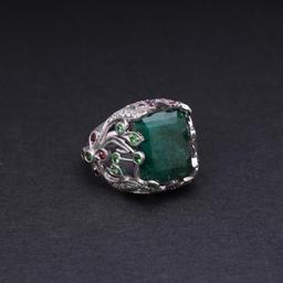 18k White Gold Emerald & Multistone Cocktail Ring by Victor Loo