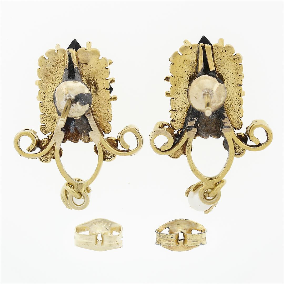 Vintage Victorian Revival 14k Gold Lozenge Black Onyx Pearl Drop Dangle Earrings