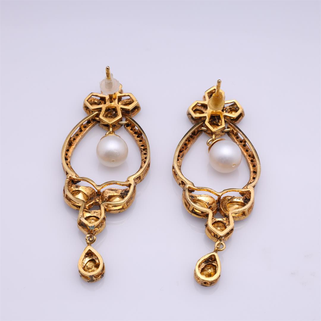 Pair of Mogul Style Silver Topped Gold Pearl & Polki Diamond Earrings