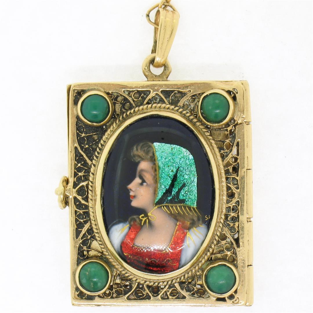 Antique French 14k Gold Turquoise Enamel Portrait Hinged Locket Pendant Necklace