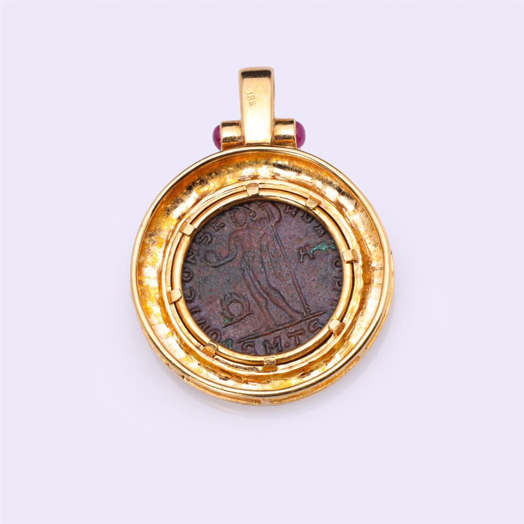 Heavy 18K Yellow Gold Pendant With Rubies & Imperial Roman Copper Coin