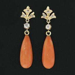 Antique 18K Gold 0.25 ctw European Diamond Orange Coral Tear Drop Dangle Earring