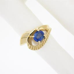 14k Gold 0.80 ctw Oval Sapphire Solitaire Polished Grooved Open Loop Bypass Ring