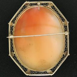 Vintage 14K White Gold Large Oval Octagon Open Detailed Cameo Pin Brooch Pendant