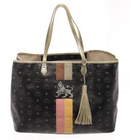 MCM Black Visetos Leather Striped Lion Shopper Bag