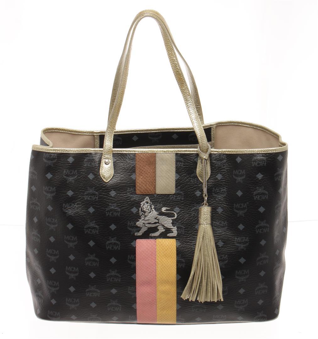 MCM Black Visetos Leather Striped Lion Shopper Bag