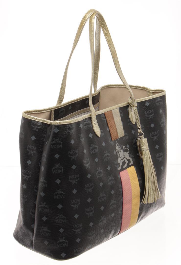 MCM Black Visetos Leather Striped Lion Shopper Bag