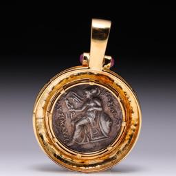 Large 18K Yellow Gold Pendant With Rubies, Diamonds & Ancient Silver Alexander T