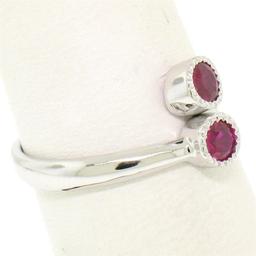 NEW Custom Made 14k White Gold Round Bezel Set Ruby Two Stone Simple Bypass Ring