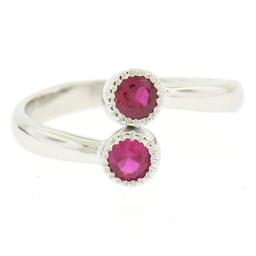 NEW Custom Made 14k White Gold Round Bezel Set Ruby Two Stone Simple Bypass Ring