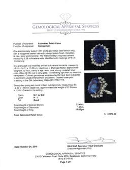 GIA Cert 22.45 ctw Tanzanite and Diamond Ring - 14KT White Gold