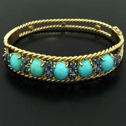 Vintage 14K Yellow Gold Sapphire & Turquoise Twisted Wire Open Bangle Bracelet