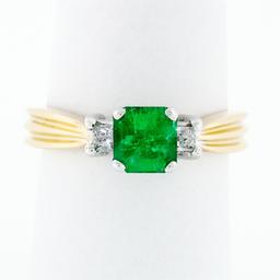 14k TT Gold 1.08 ctw Three Stone Emerald Solitaire & Princess Diamond Accent Rin