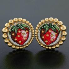 Sicis 18K Yellow Gold Micromosaic Strawberry w/ Yellow Sapphire Button Earrings