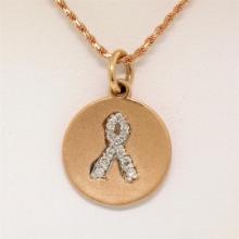 NEW 14K Rose Gold.10 ctw Diamond Awareness Ribbon Disc Pendant w/ 16" Rope Chain