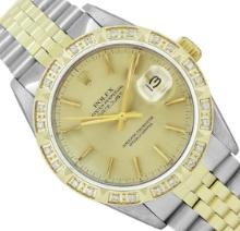 Rolex Mens 36MM 2Tone Yellow Gold And Steel 18K Gold Pyramid Diamond Bezel Datej