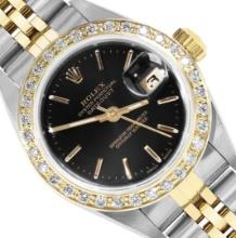 Rolex Ladies Sapphire Quickset Black Index Yellow Gold Diamond Bezel Datejust Wi