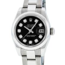 Rolex Ladies Stainless Steel Black Diamond Quickset Datejust With Oyster Band