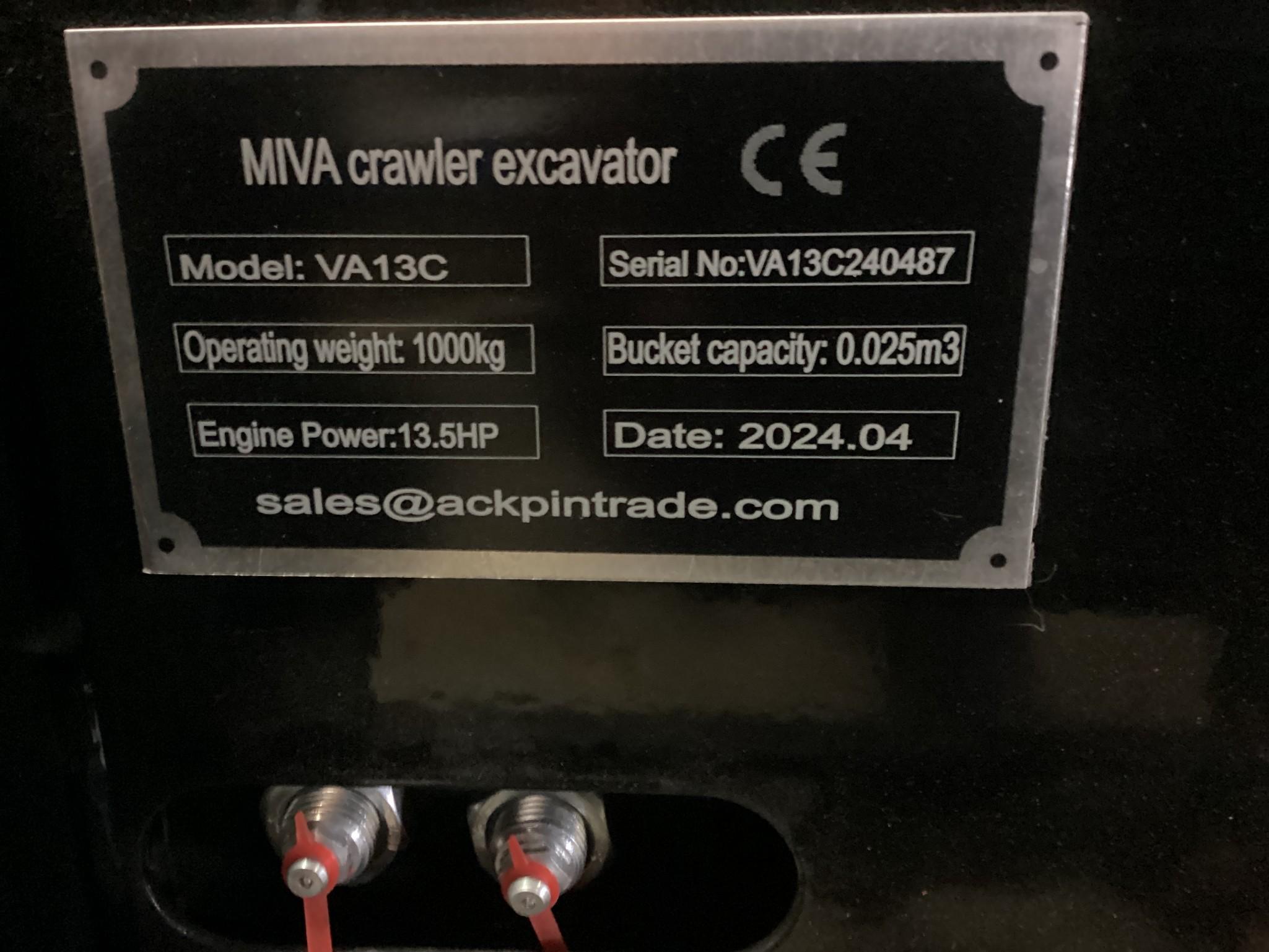 New Unused Miva Model VA13C Mini Excavator, 13.5 Hp Gas Engine, Manual Thumb, Auxiliary Hydraulics