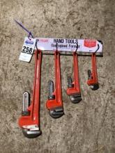 4 Fuller Pipe Wrenches and Store Display, 18", 14", 10" and 8" Pipe Wrenches