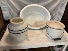 stoneware drink dispenser, white enamel tub, & bailed pot