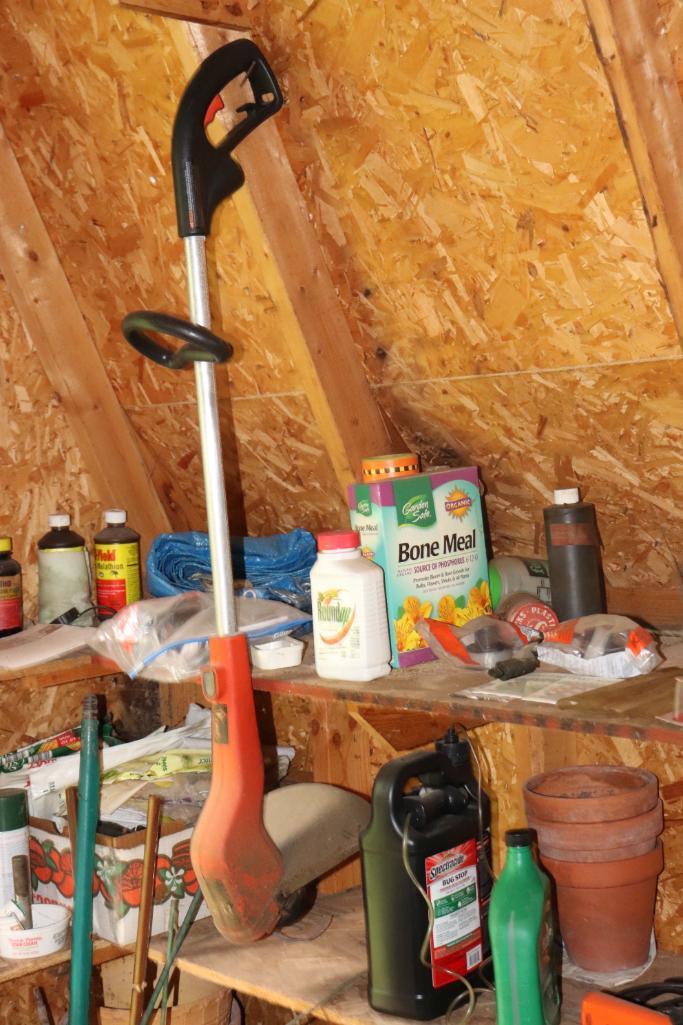 Contents of Garden Shed to include Long Handled, Tools, Flower Pots, Lawn Chair, Any other unsold