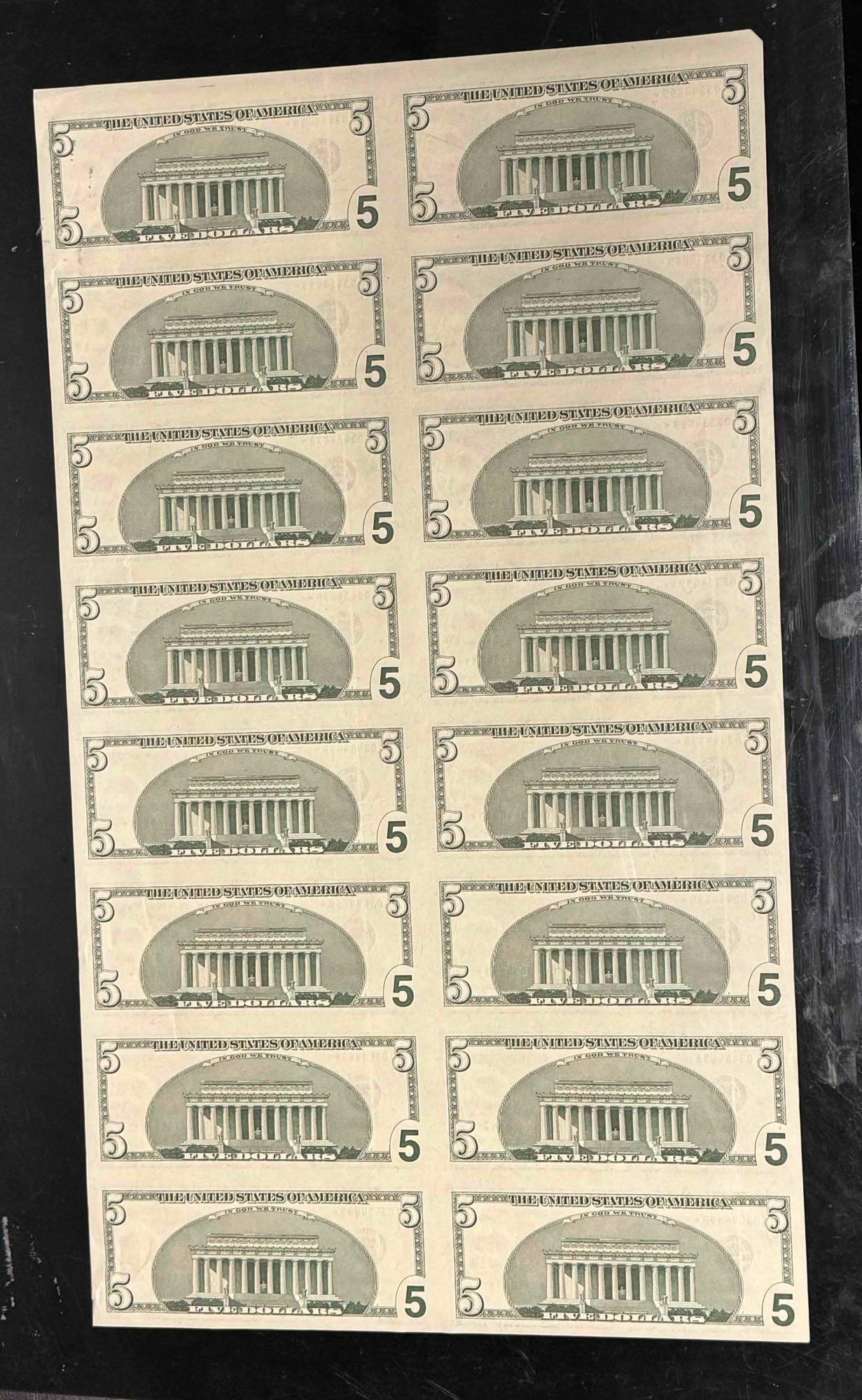 Uncut Sheet of 5 Dollar Bills 16 count Series 2003 Face Value $80