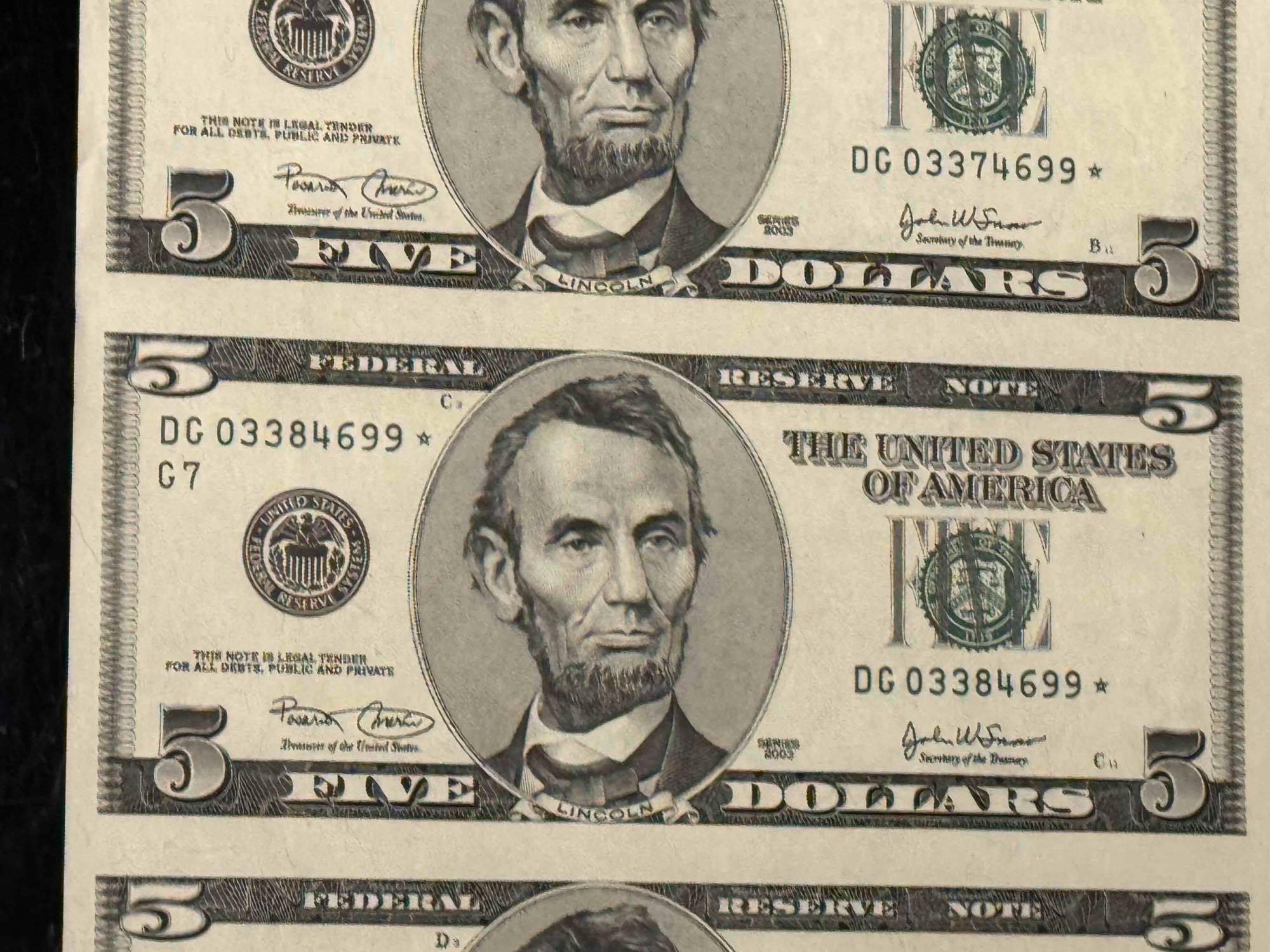 Uncut Sheet of 5 Dollar Bills 16 count Series 2003 Face Value $80