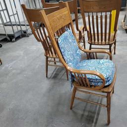 Lot 4 oakvcane seat dinning room chairs with ingraved floral design comes with 3 cushions