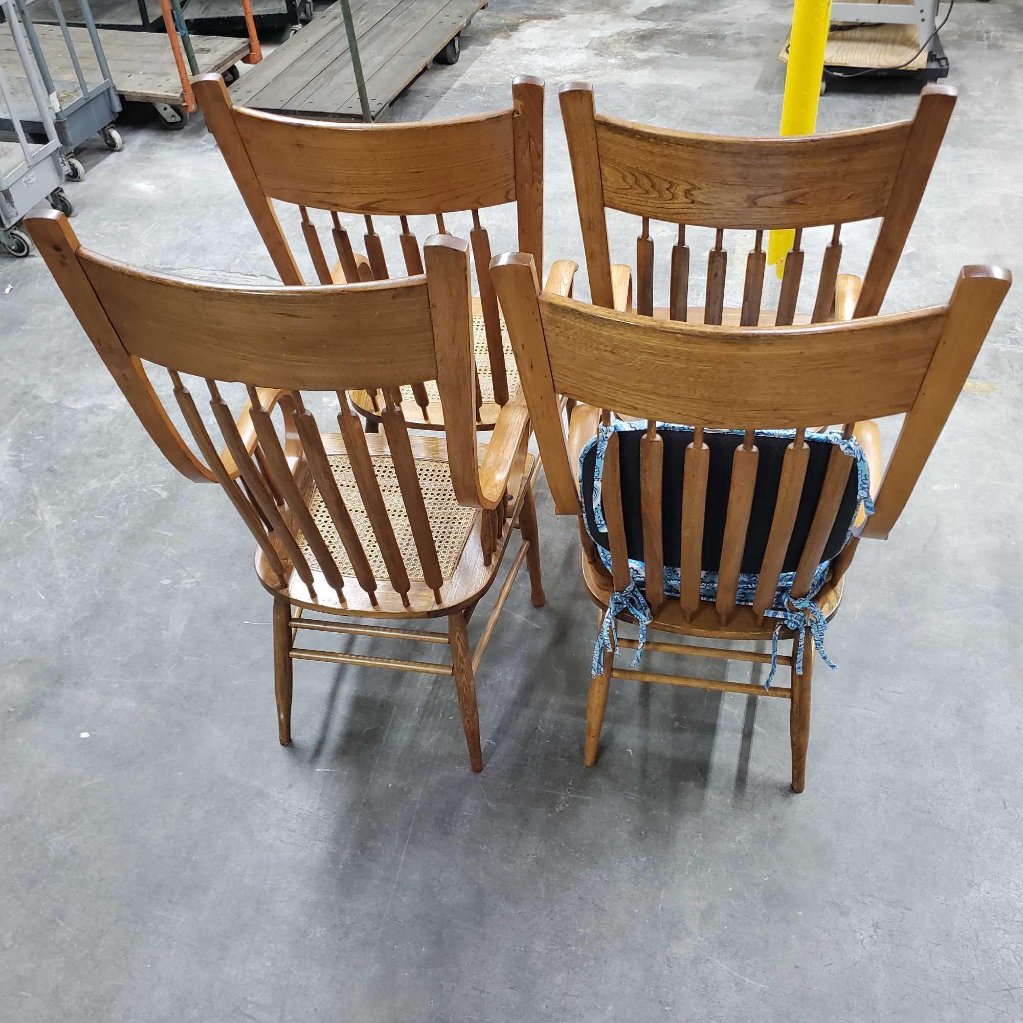 Lot 4 oakvcane seat dinning room chairs with ingraved floral design comes with 3 cushions