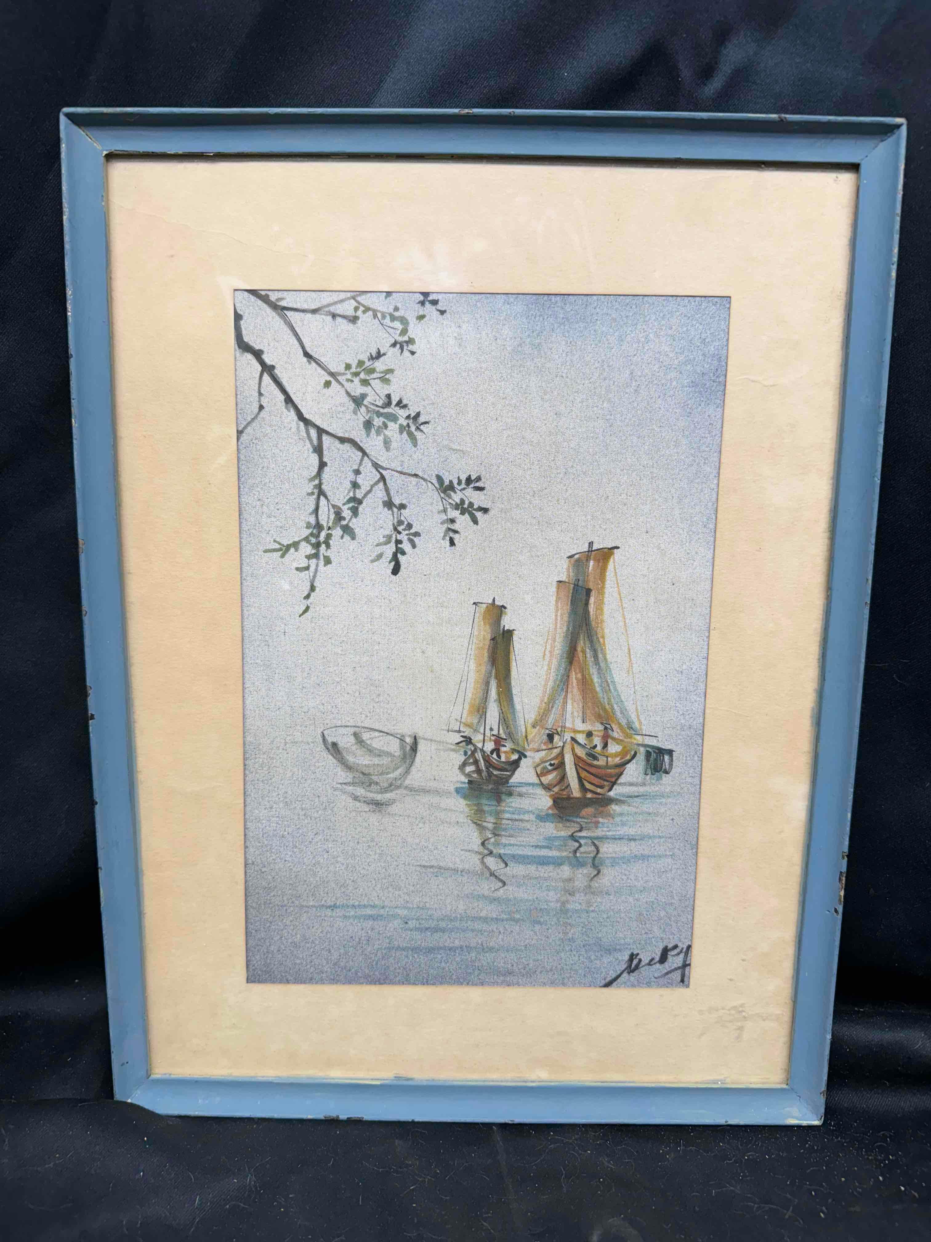 Pair of Signed Framed Art of Boats 12x16