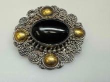 Vintage 925 Sterling Silver Onyx Brooch 9.1g total