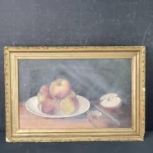 Framed artwork apples/plate on table