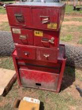 red tool box and red drawers